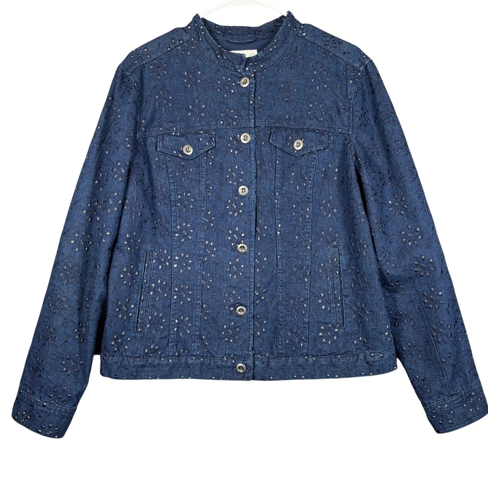Charter Club‎ Denim Jacket Womens L Eyelet Embroidered Button Front